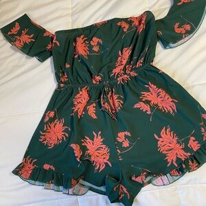 Selfie Leslie Green and Orange Floral Off Shoulder Romper.  Size L